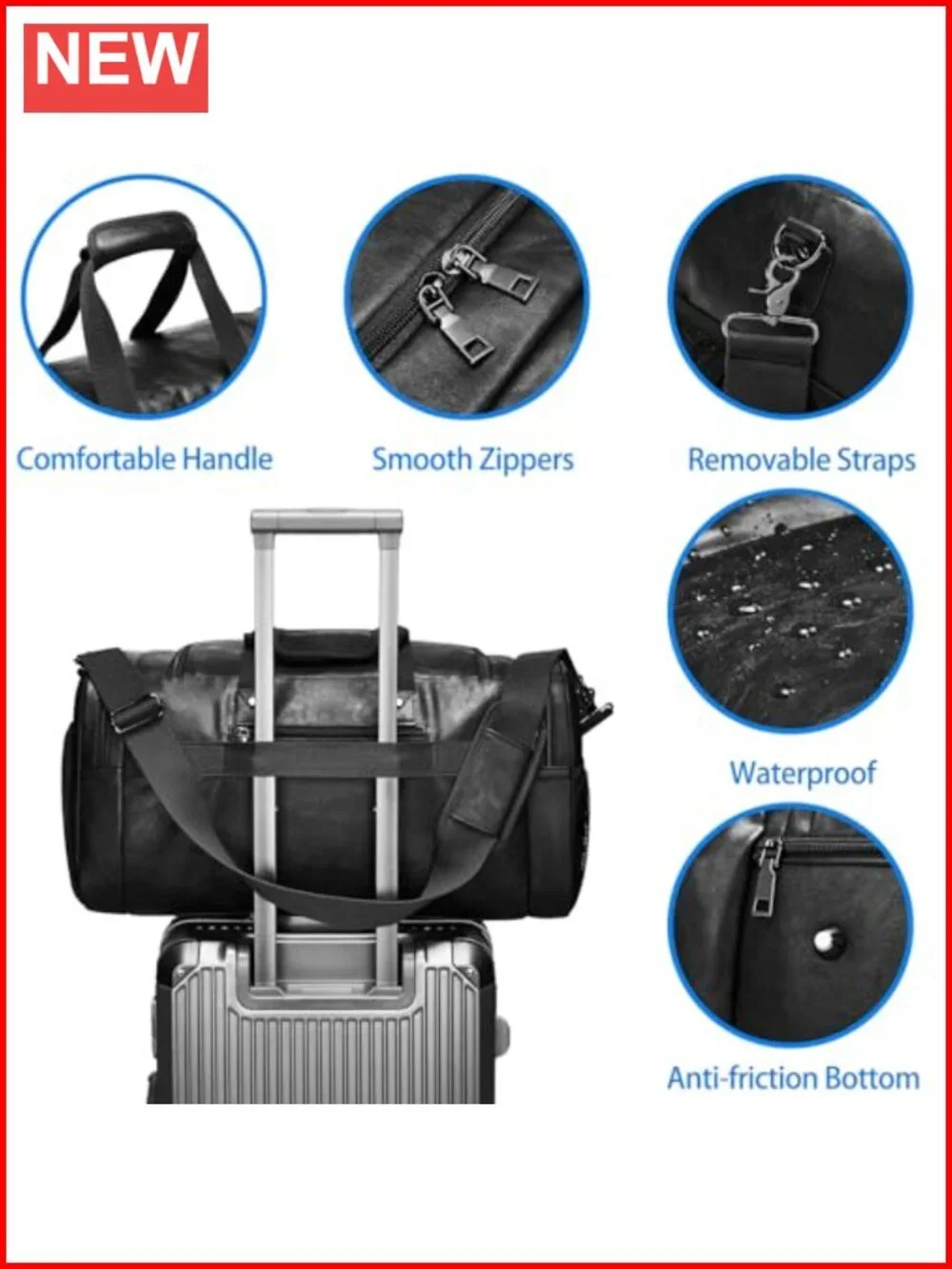 Leather Weekender Duffel Bag with Shoe Compartment, Waterproof Carry On for